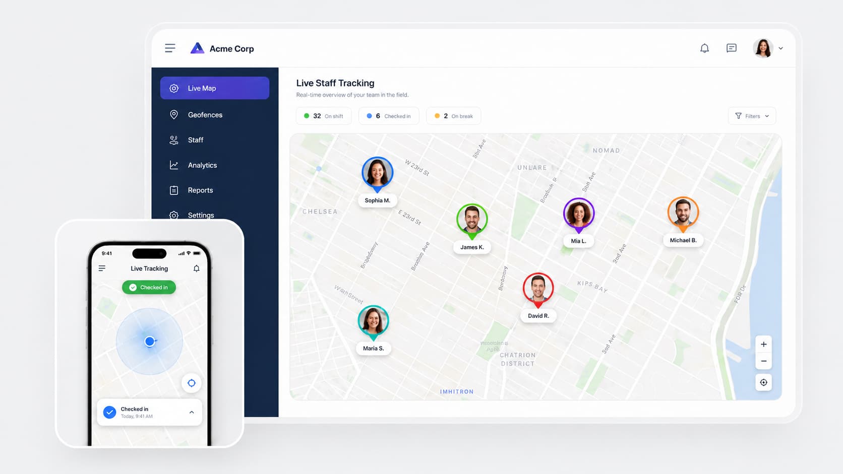 Staff Tracker — Real-Time Staff Location & Attendance Dashboard