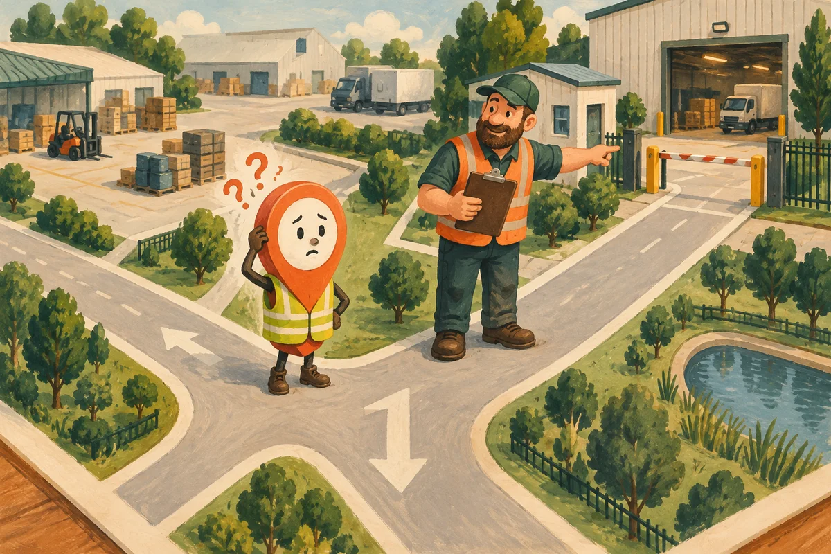 A puzzled location pin in a safety vest asks a supervisor for directions.